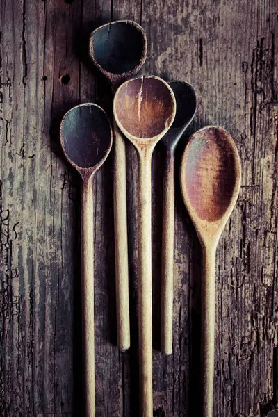 Several Old Wooden Spoons Wooden Background — Stock Photo, Image