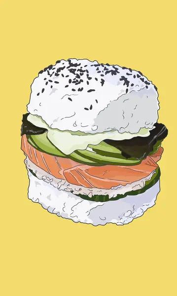Sushi Burger Ilustrație Colorată Fundal Galben — Fotografie, imagine de stoc