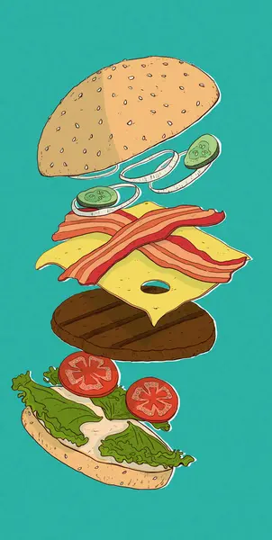 Dekonstruovaný Burger Barevná Ilustrace — Stock fotografie
