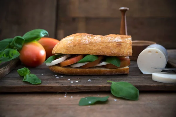 Ciabatta Basil Balsamic Tomatoes Vegan Mozzarella — Stock Photo, Image