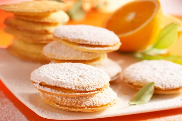 Orange Cookies Filled Jam Dusted Powdered Sugar — Stock Photo, Image