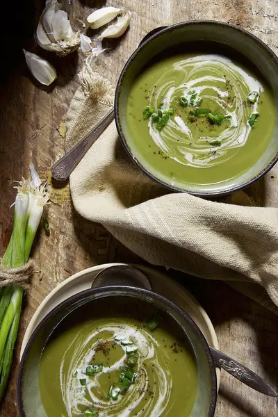 Soupe Légumes Verts Avec Oignons Printemps Ail — Photo