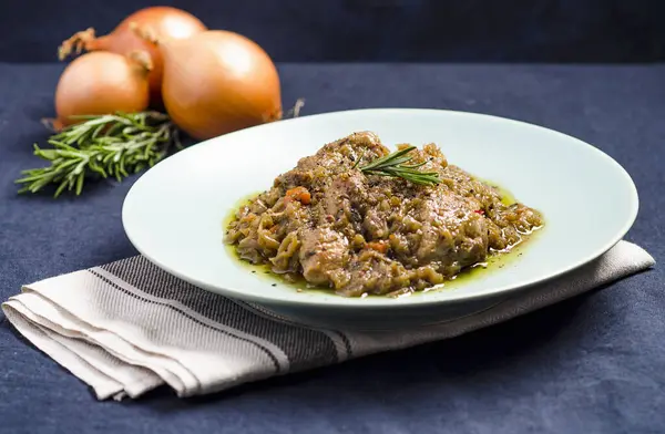 Meat Stew Vegetables Garnished Rosemary Plate Blue Tablecloth Ingredients Background — Stock Photo, Image