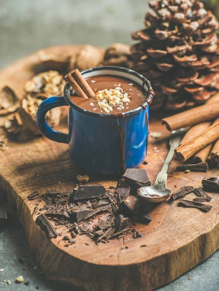 Rich Winter Hot Chocolate Cinnamon Sticks Walnuts — Stock Photo, Image