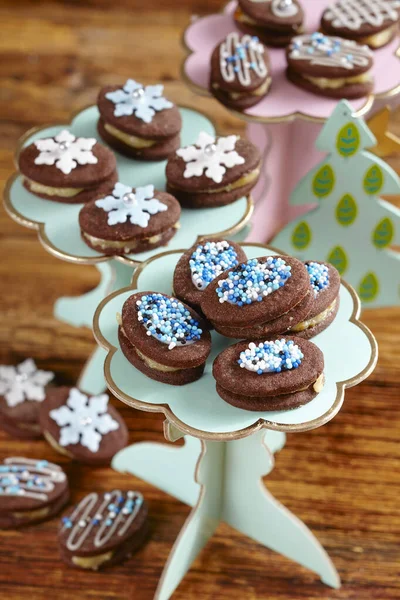 Chocolate Biscuits Filled Marzipan Winter Theme Decorations — Stock Photo, Image