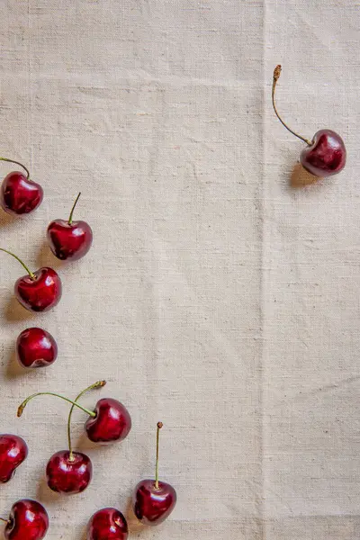 Fresh Cherries White Cloth Surface — Stock Photo, Image