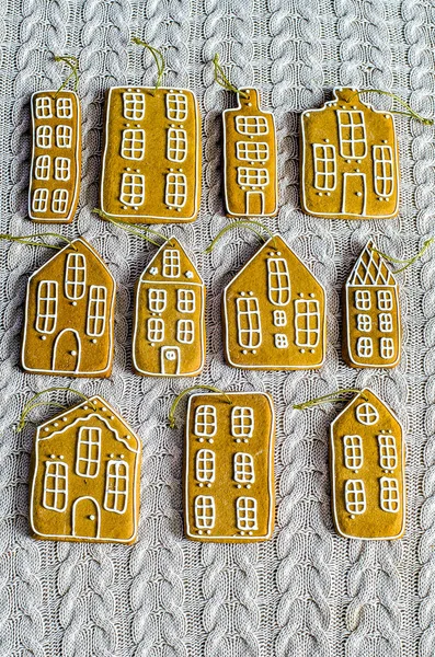 Gingerbread Houses Golden Ropes Knitted Surface — Stock Photo, Image
