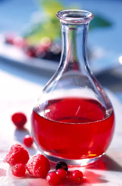 Homemade Red Berry Vinegar Glass Bottle — Stock Photo, Image