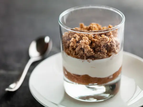 Granola Muesli Yaourt Purée Rhubarbe — Photo