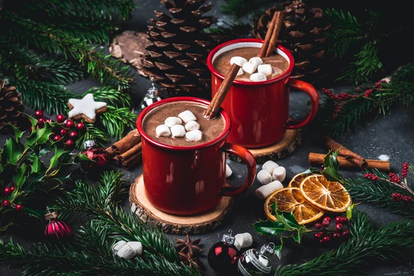 Chocolat Chaud Avec Guimauves Dans Des Tasses Émail Rouge — Photo