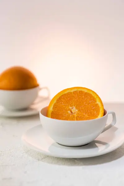 Orange Halves White Cups — Stock Photo, Image