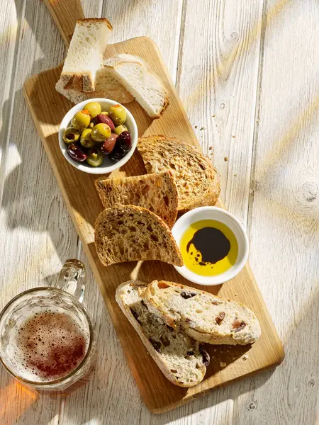 Bread Cheese Vegetables Wooden Table — Stock Photo, Image