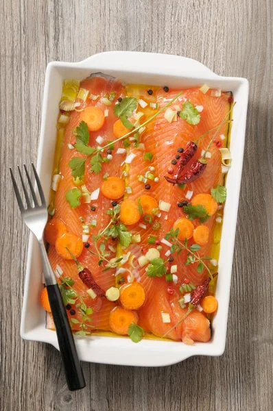 Filetes Salmão Coentro Escabeche Capim Limão — Fotografia de Stock