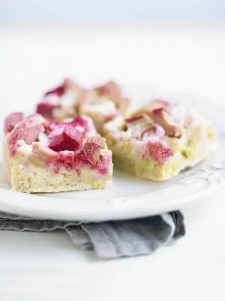 Plateau Rhubarbe Gâteau Gâteau Vue Rapprochée — Photo