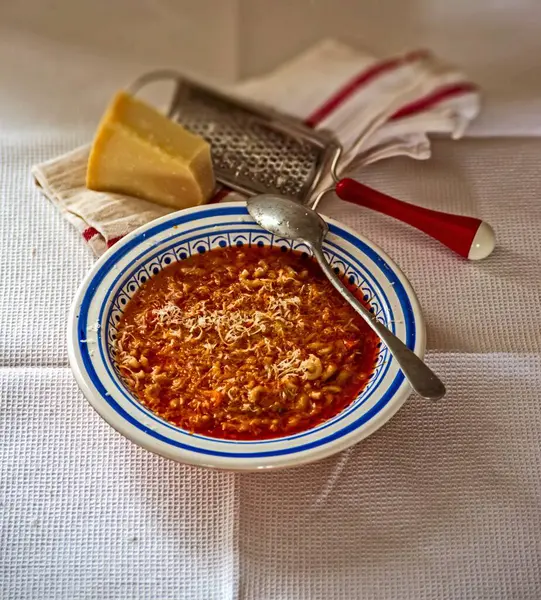 Pasta Fagioli Sopa Feijão Com Macarrão Coberto Com Parmesão — Fotografia de Stock