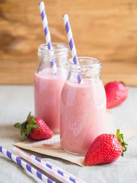 Strawberry Smoothies Glass Bottles Drinking Straws — Stock Photo, Image