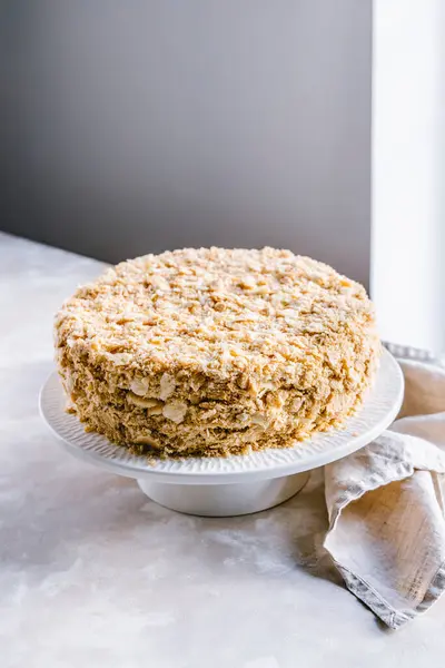 Bolo Napoleão Baunilha Caseira Creme Pastelaria Bolo Morango Mille Feuille — Fotografia de Stock