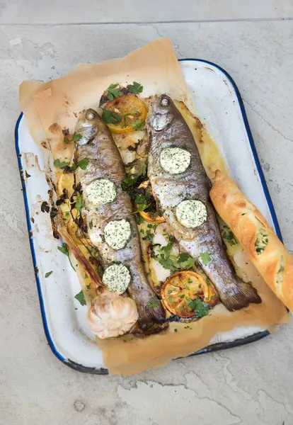 Gegrillte Forelle Mit Kräuterbutter — Stockfoto