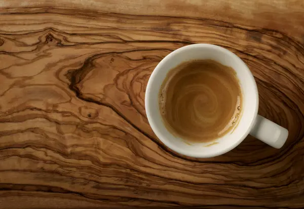 Freshly Brewed Espresso Olive Wood Surface — Stock Photo, Image