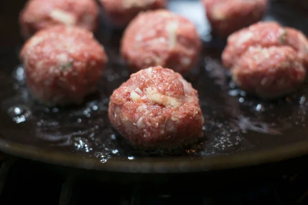 Raw Meatballs Being Fried Pan — Stock Photo, Image