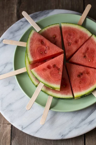 Wedges Watermelon Lollipop Sticks Plate — Stock Photo, Image