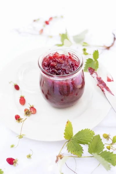 Homemade Wild Strawberries Jam Glass Jar Fresh Berries Leaves Plate — Stock Photo, Image