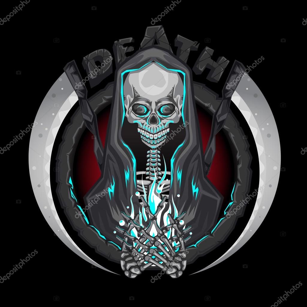 Illustration Of Death Skeleton Grim Reaper Characters With Scythe Holding Human Soul For Tattoo Design & Emblem Logo