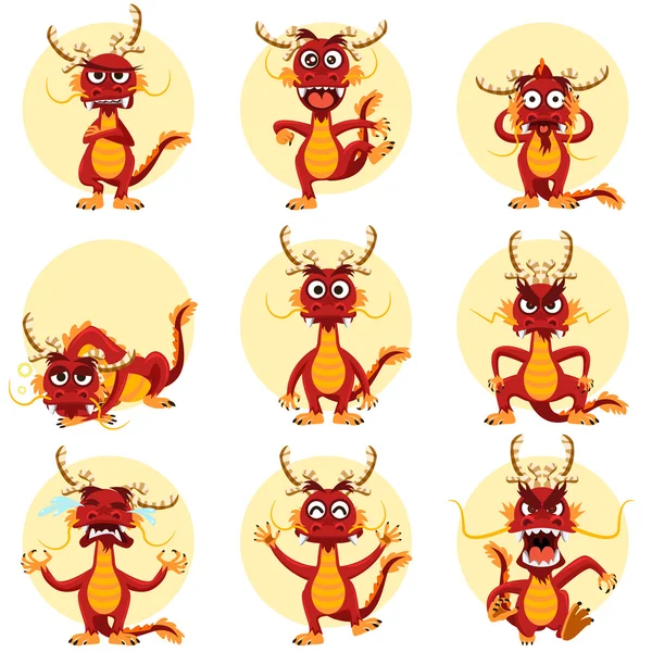 Set di Emoticons della mascotte del drago cinese — Vettoriale Stock