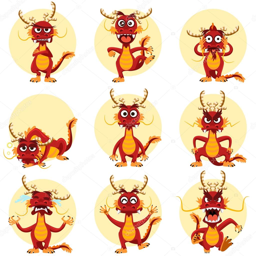 Illustration Of Chinese Dragon Mascot Emoticons Set. Contains smiley face, happy, sad, crying, angry, and many more.