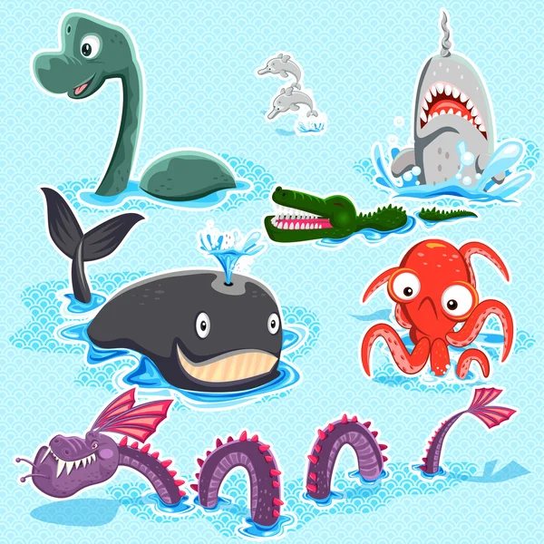 Monstruos de la colección de mar azul profundo conjunto — Vector de stock