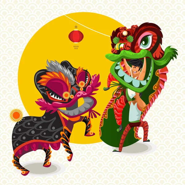 Chinese Lunar New Year Lion Dance Fight — Stock Vector