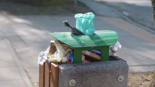 Traboccante Bidone Della Spazzatura Sulla Strada Rallentatore 60Fps — Video Stock