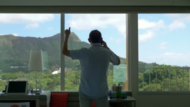 Empresário Falando Telefone Fechando Negócio Bem Sucedido Havaí — Vídeo de Stock