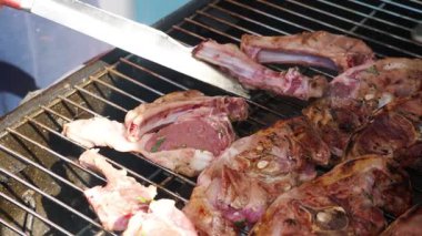 Yavaş çekimde ızgarada kızarmış lezzetli et. 180 fps.
