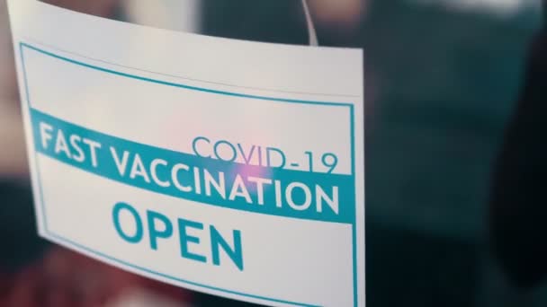 Information Sign Entrance Covid Fast Vaccination Center Slow Motion 60Fps — Stock Video