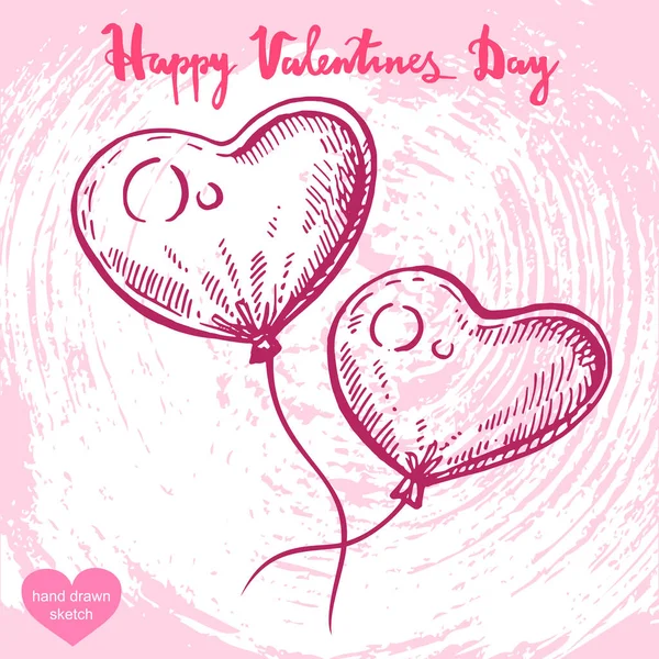 風船のベクトル手描きイラスト テキスト Happy Valentines Day — ストックベクタ