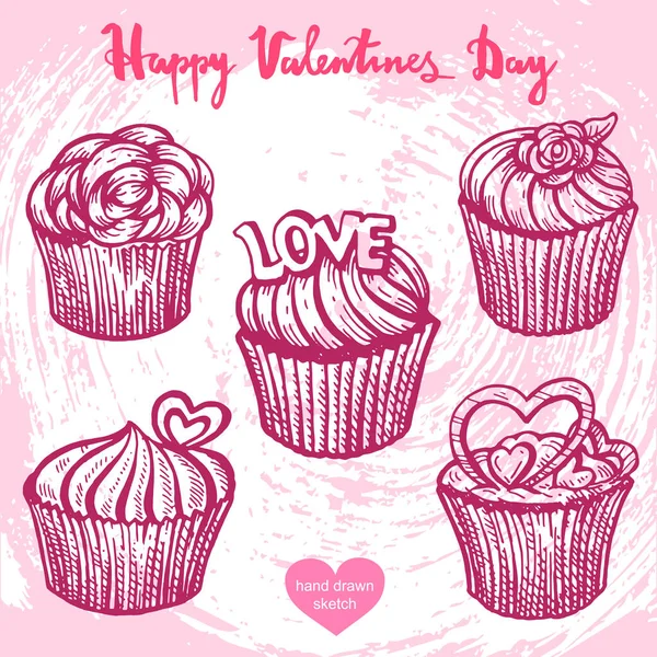 Vector Ilustración Dibujada Mano Cupcakes Texto Feliz Día San Valentín — Vector de stock