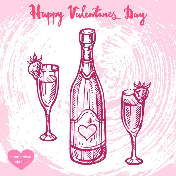 Vector Hand Drawn Illustration Champagne Bottle Wineglasses Happy Valentines Day — Stock Vector