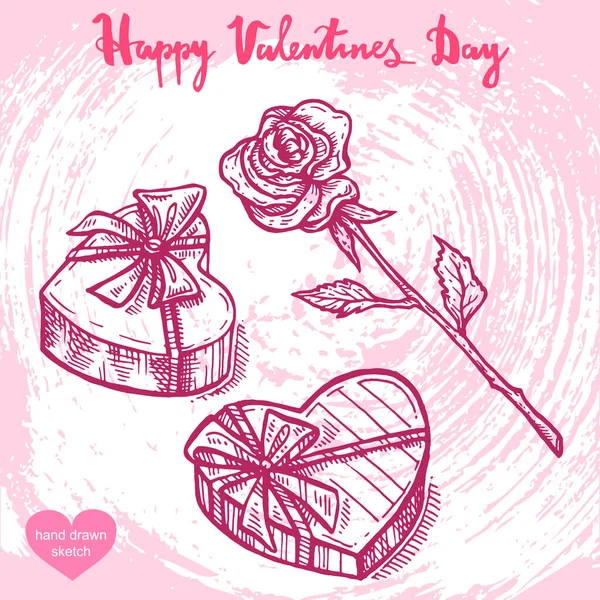 Vector Handgezeichnete Illustration Geschenkboxen Rose Und Happy Valentines Day Schriftzug — Stockvektor