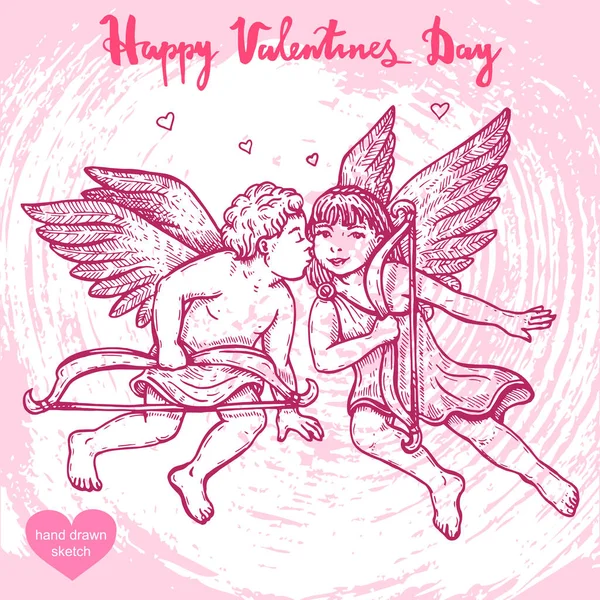 Vector Hand Getekend Illustratie Van Paar Engelen Cupids Happy Valentijnsdag — Stockvector