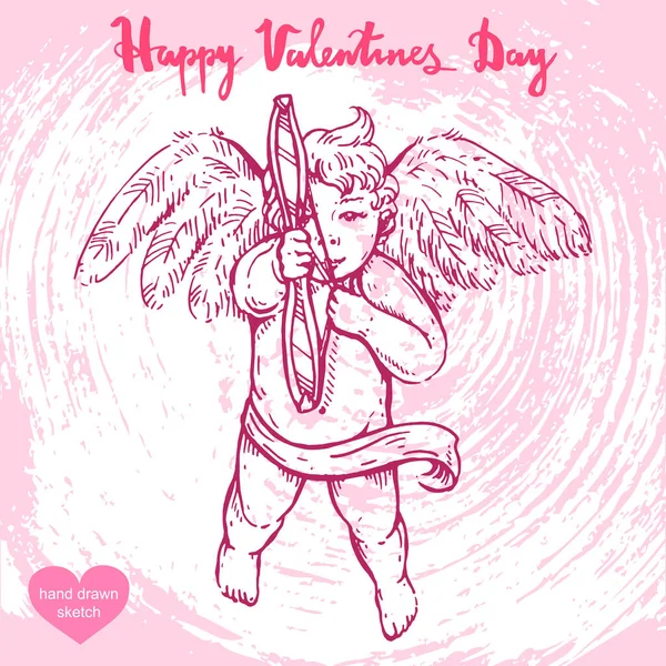 Ilustración Dibujada Mano Vectorial Del Ángel San Valentín Cupido Feliz — Vector de stock