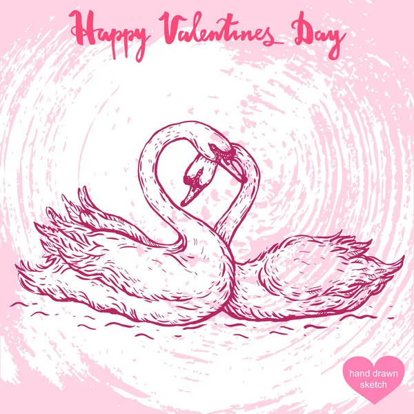 水の中に白鳥のカップルのベクトル手描きイラスト テキスト Happy Valentines Day — ストックベクタ