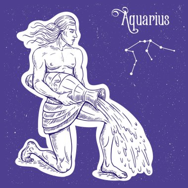 Burç işaretinin vektör doğrusal çizimi Kova takımyıldızı, gökyüzündeki yıldızların sembolü. Vektör el, elinde sürahi su olan adamın robot resmini çizdi. Takvim ve yıldız falı için resim.