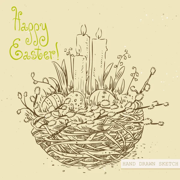 Esbozo Lineal Del Nido Primavera Pascua Con Velas Huevos Flores — Vector de stock