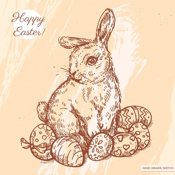 Ilustración Lineal Vectorial Del Conejo Pascua Sentado Con Huevos Pascua — Vector de stock