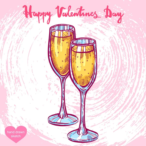 Vector Hand Drawn Illustration Wineglasses Text Happy Valentines Day Background — Stock Vector