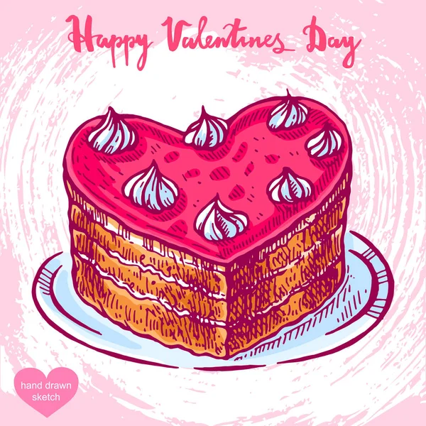 Векторна Рука Малювала Кольорову Ілюстрацію Торта Тарілці Текст Happy Valentines — стоковий вектор