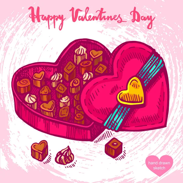 Вектор Малював Кольорову Ілюстрацію Подарункової Коробки Цукерками Текст Happy Valentines — стоковий вектор