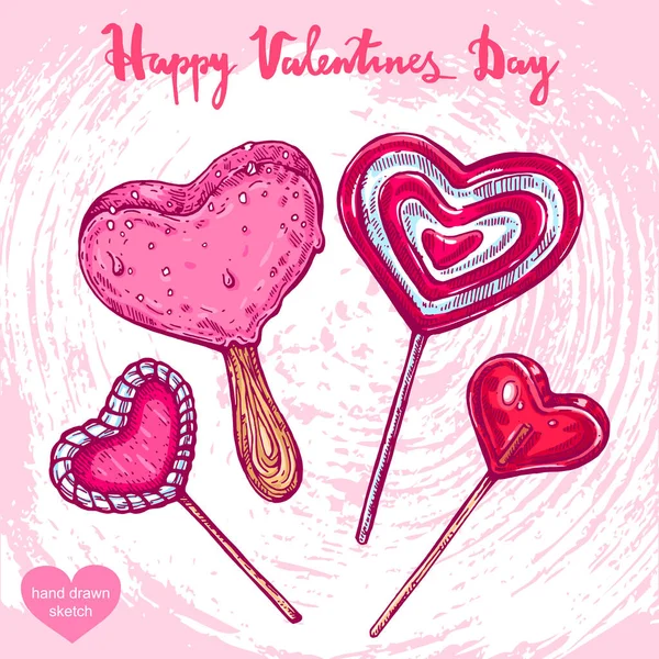 Vector el çizimi, sevgililer günü yiyecek setinin çizimi - dondurma, lolipop, arka planda soyut kağıt desenli şekerler. Sweets eskizi. Tasarım için klasik tarzda doğrusal sanat..