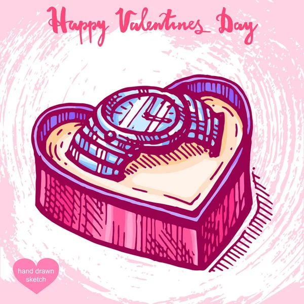 Vector Ilustración Dibujada Mano Reloj Pulsera Caja Regalo Forma Corazón — Vector de stock